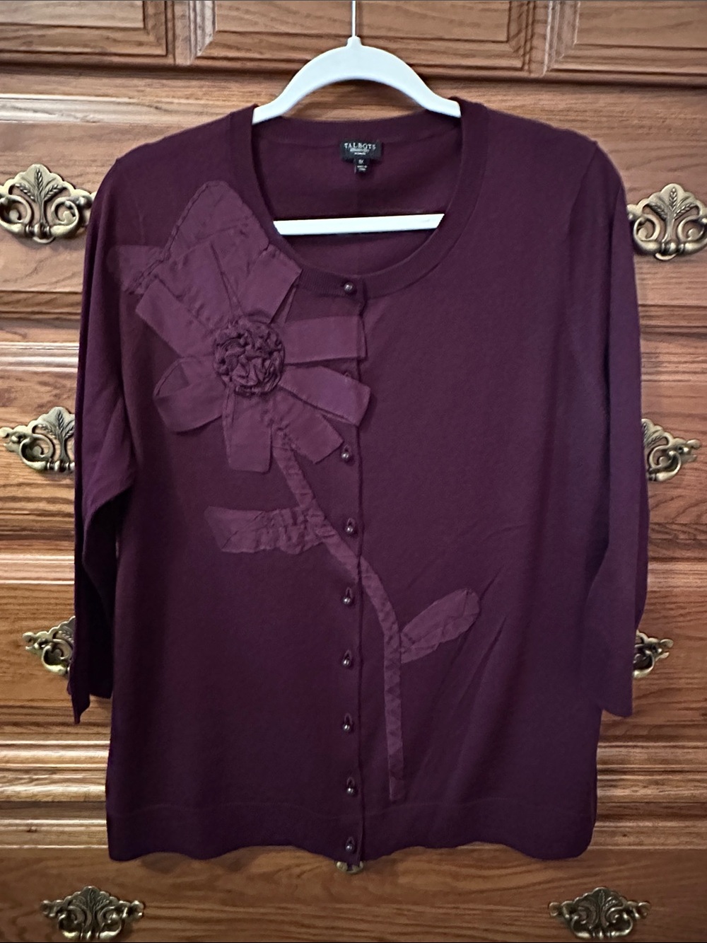 Talbots Deep Plum Flower-Appliqué Button Cardigan